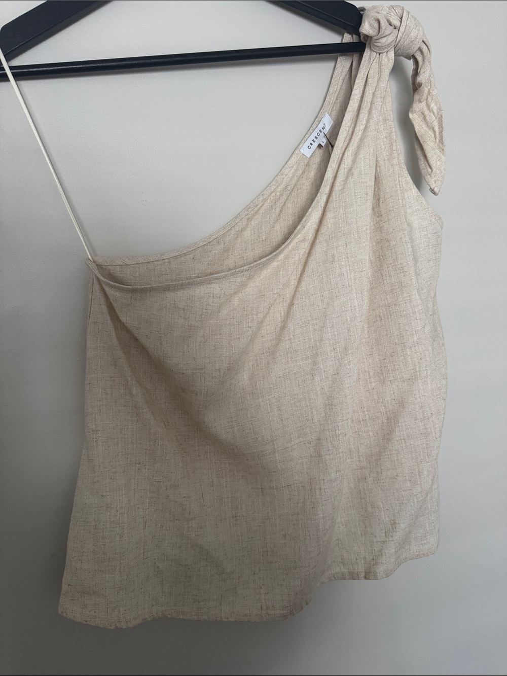 Crescent One-Shoulder Tie-Strap Linen-Blend Dress in Natural Beige
